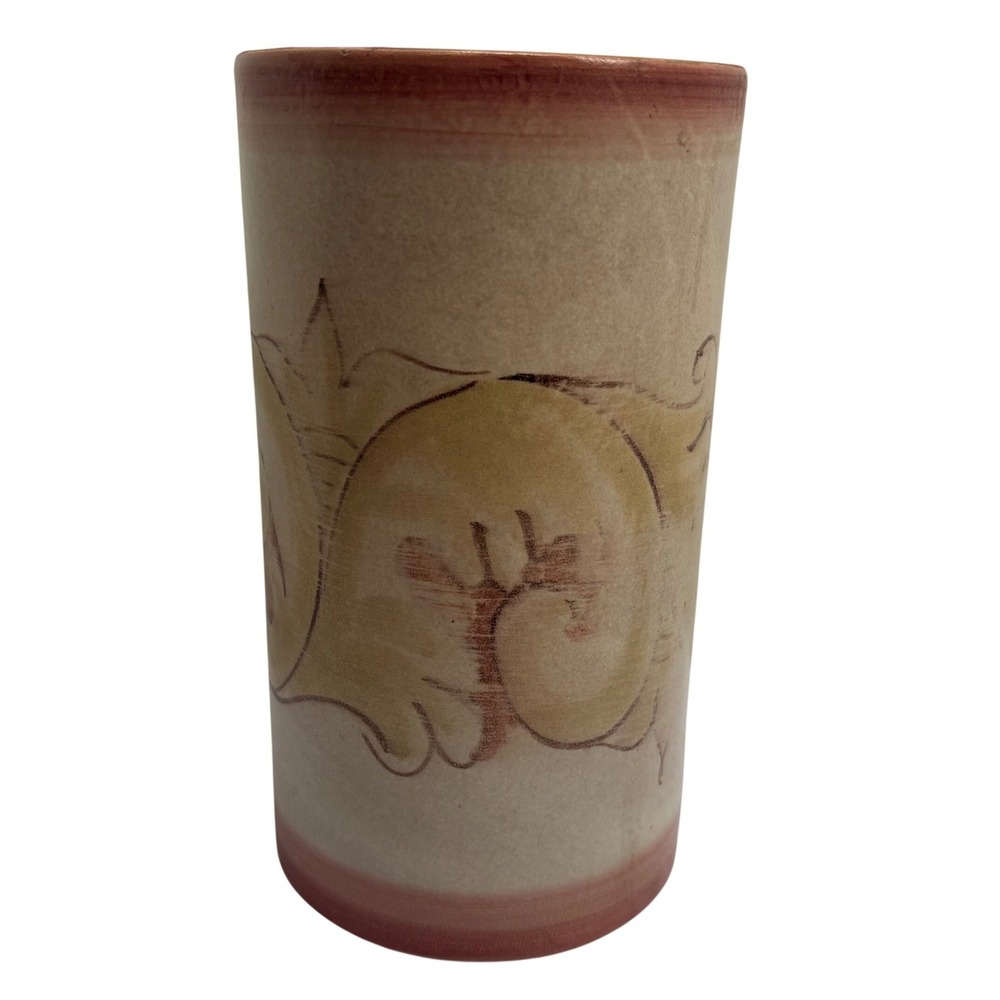 Pottery Barn Italy Ceramic Cylinder Vase Hand Painted Scroll Terracotta 8.25"